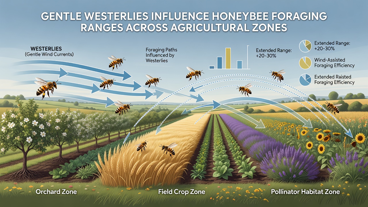 Close-up view of honeybees approaching flowering crops while moderate westerly breezes move through the agricultural zone