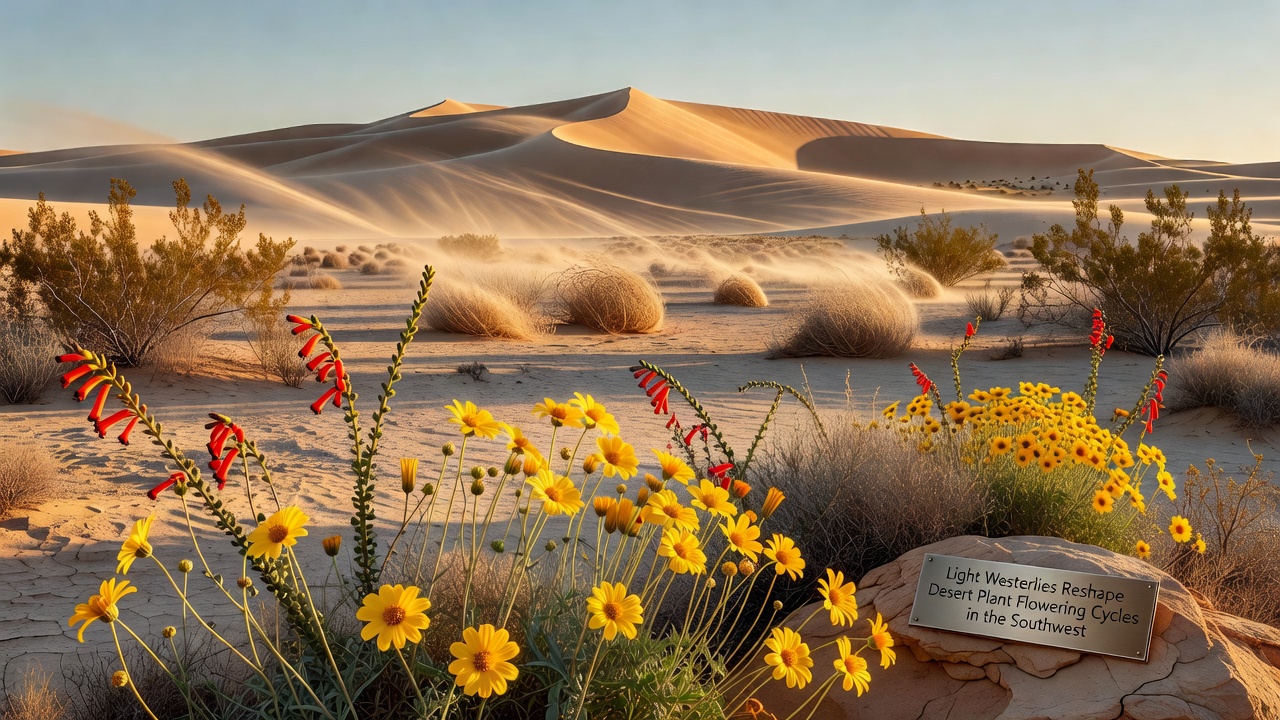 Close-up of desert flowers in bloom with wind-swept sand dunes in background illustrating subtle airflow effects